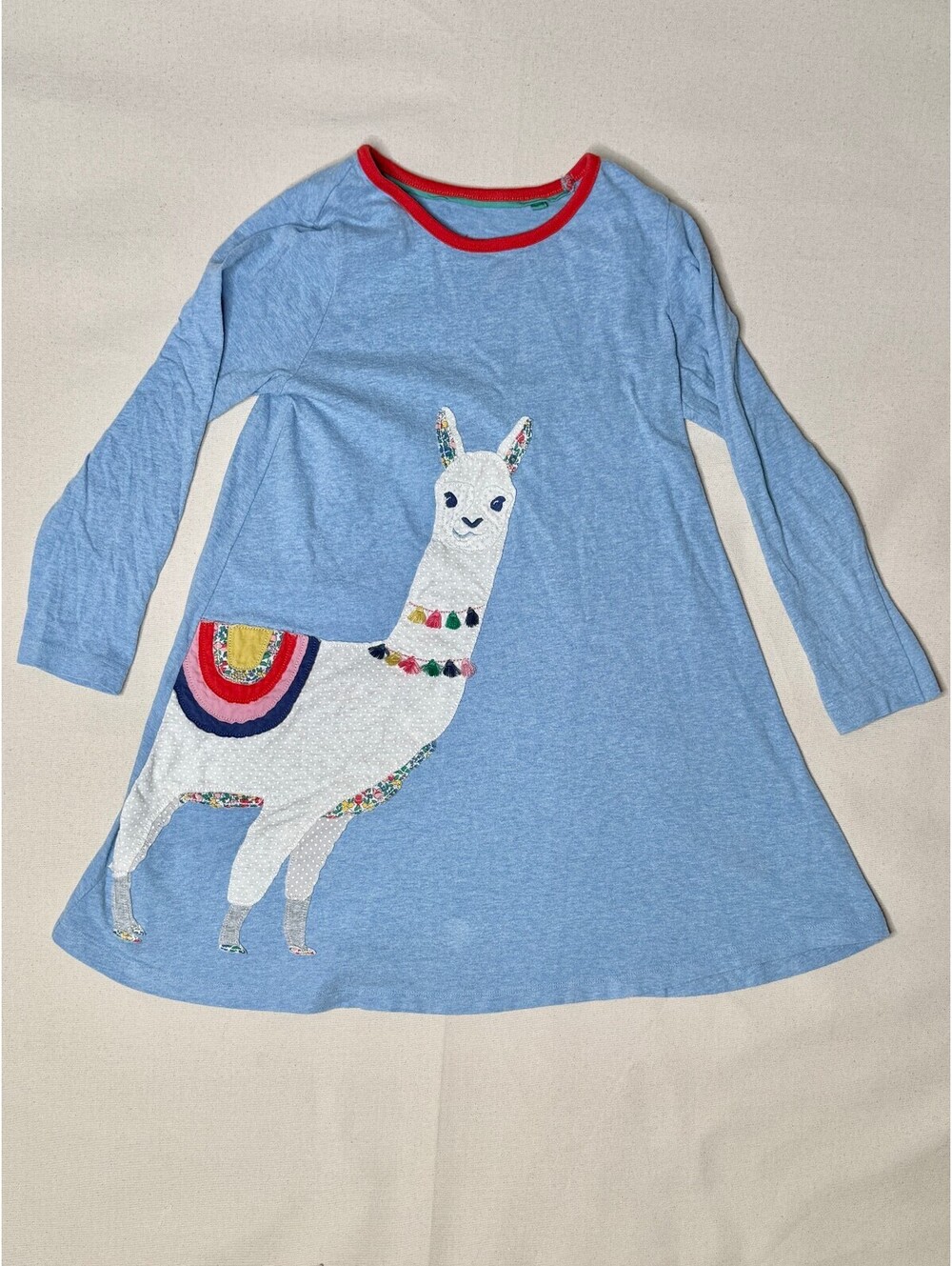 Mini Boden Girls 7-8 Blue Llama Appliqué Long Sleeve Dress 128cm Cotton